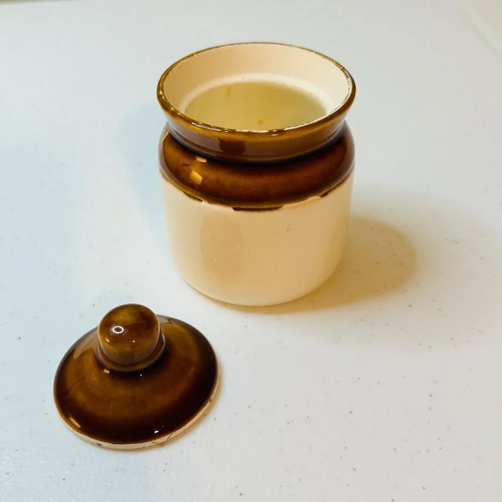Small Brown and Off-white Ceramic Stoneware Jar With Lid Vintage look Farmhouse